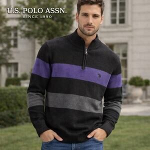 U.S. Polo Assn Quarter Zip Striped Knit Sweater Black Purple Gray Sz L Mock Neck